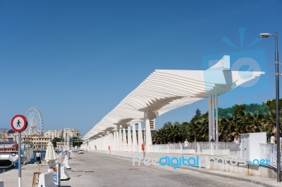 Modern Pergola In The Harbour Area Of Malaga Stock Photo