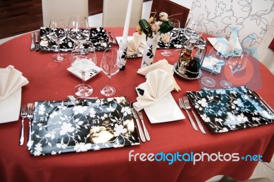 Modern Restaurant Dinner Table Stock Photo