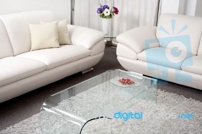 Modern White Leather Couch Stock Photo