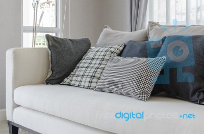 Modern White Sofa In Modern Living Room With Pillows Stock Photo