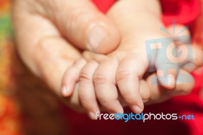 Mom Hand Holding Infant Hand Stock Photo