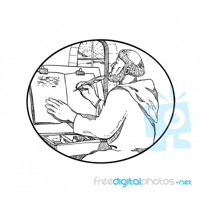 Monastic Monk Writing Illuminated Manuscript Drawing Black And White Stock Image