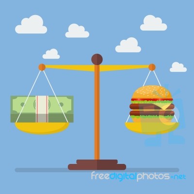 Money And Burger Balance On The Scale Stock Image