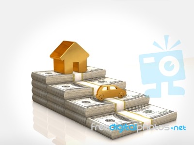 Money Stacks And Gold House And Car Symbol Stock Image