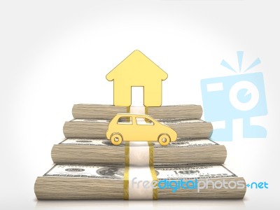 Money Stacks And Gold House And Car Symbol Stock Image