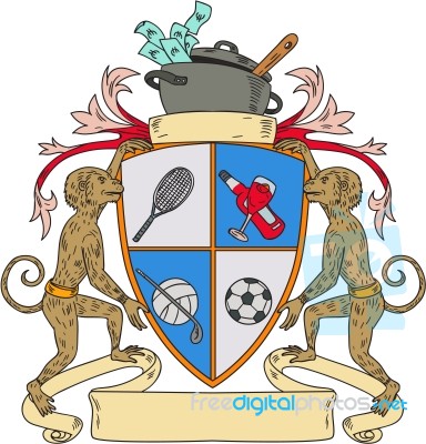 Monkey Money Cook Pot Sports Wine Coat Of Arms Drawing Stock Image