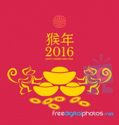 Monkeys Zodiac And Gold Ingots For Chinese New Year Stock Image