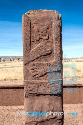 Monolith At Tiwanaku, Altiplano, Titicaca Region, Bolivia Stock Photo