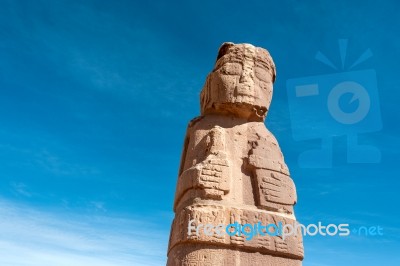 Monolith At Tiwanaku, Altiplano, Titicaca Region, Bolivia Stock Photo