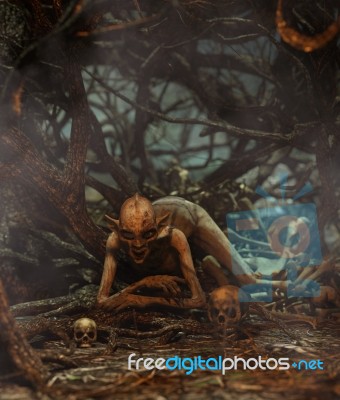 Monster Creature Woman In Creepy Forest,3d Illustration Stock Image