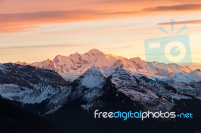 Mont Blanc Mountain At Sunset Stock Photo