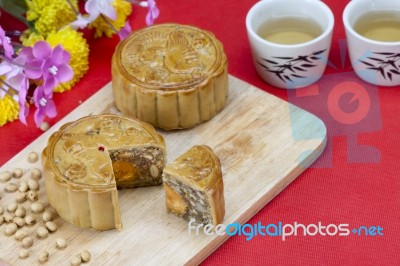 Moon Cake With drinks Stock Photo