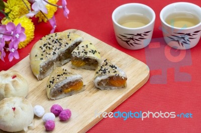 Moon Cake With Red Background Stock Photo