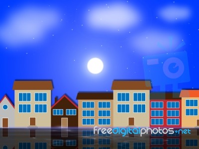 Moon Houses Shows Night Time And Apartment Stock Image