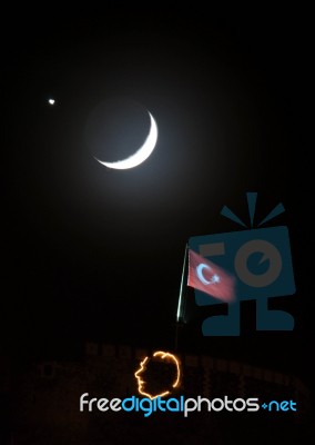 Moon, Star Anf Turkish Flag Are Together At Night Stock Photo