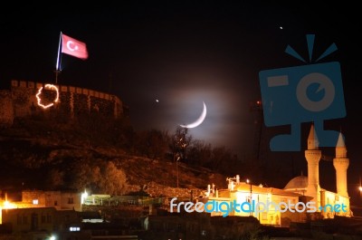 Moon, Star Anf Turkish Flag Are Together At Night Stock Photo