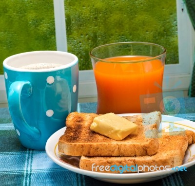 Morning Butter Toast Indicates Meal Time And Black Stock Photo