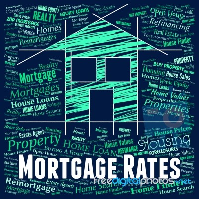 Mortgage Rates Shows Real Estate And Borrow Stock Image