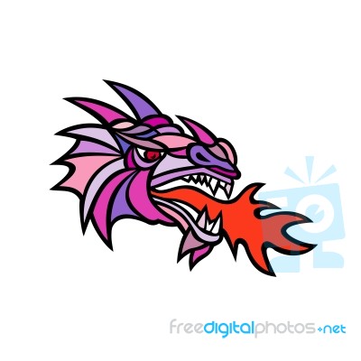 Mosaic Mythical Dragon Breathing Fire Mascot Stock Image