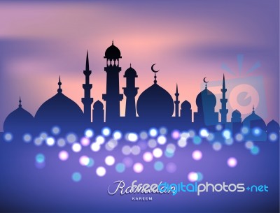 Mosque Silhouette In Sunset Sky And Candles Light For Ramadan Of… Stock Image