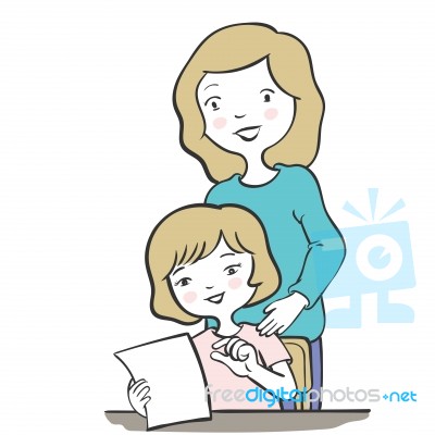 Mother And Daughter Doodle Style- Character Design Stock Image