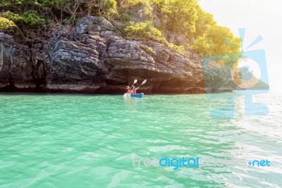 Mother And Daughter Travel By Kayak Stock Photo