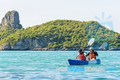 Mother And Daughter Travel By Kayak Stock Photo