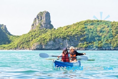 Mother And Daughter Travel By Kayak Stock Photo