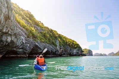 Mother And Daughter Travel By Kayak Stock Photo