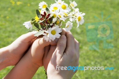 Mother And Your Child Holding A Beatiful Spring Flower Bouquet Stock Photo