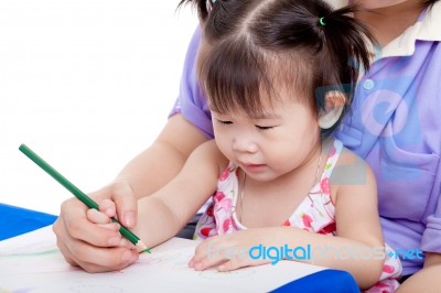 Mother With Child Girl Draw And Paint Together Stock Photo