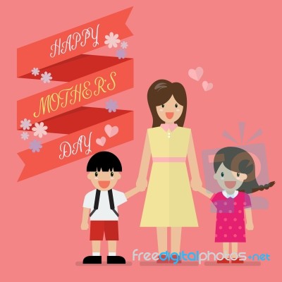 Mother With Her Children With Happy Mothers Day Banner Stock Image