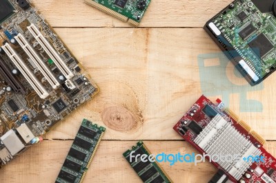 Motherboard And Pc Components Over A Wood Background For A Iot O… Stock Photo