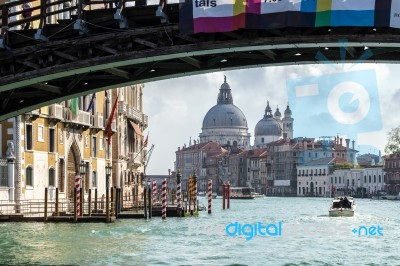 Motorboat Cruising Down The Grand Canal Stock Photo