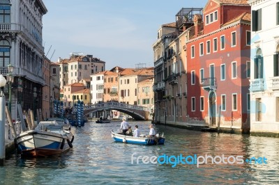 Motorboat On A Canal In Venice Stock Photo