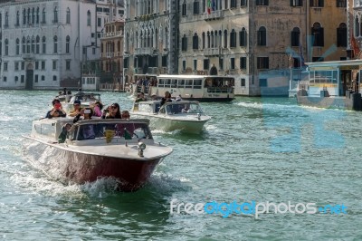 Motorboats Cruising Down The Grand Canal Stock Photo