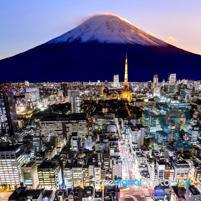 Mount Fuji And Tokyo City In Twilight Stock Photo