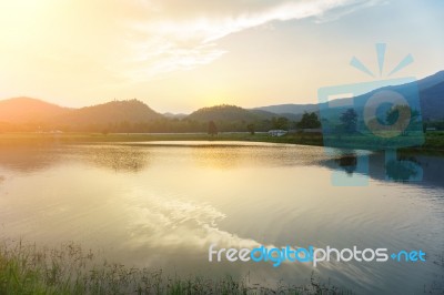 Mount Warning River Sugar Cane And Sun Stock Photo