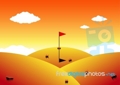 Mountain And Flag In Sunset Atmosphere Stock Image