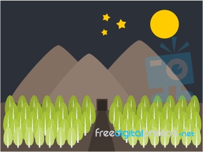 Mountain And Tree View Night Illustration Stock Image