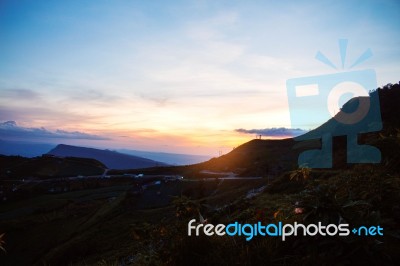 Mountain Landscape With The Sky At Sunset Stock Photo