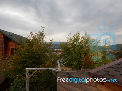 Mountain Panorama, Landscape And Buildings   Stock Photo