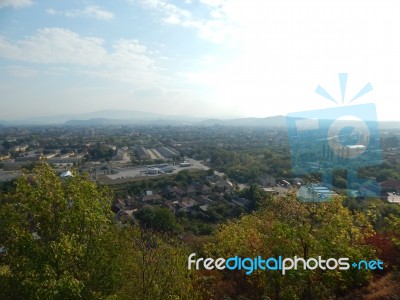 Mountain Panorama, Landscape And Buildings   Stock Photo