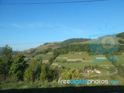 Mountain Panorama, Landscape And Buildings   Stock Photo