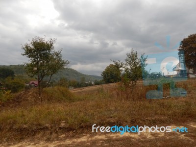 Mountain Panorama, Landscape And Buildings Stock Photo