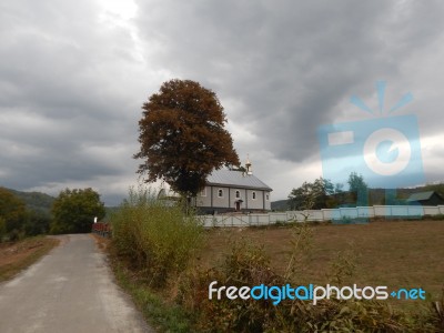 Mountain Panorama, Landscape And Buildings Stock Photo