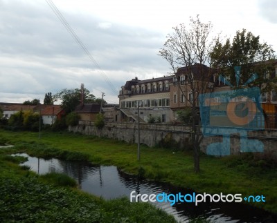 Mountain Panorama, Landscape And Buildings Stock Photo