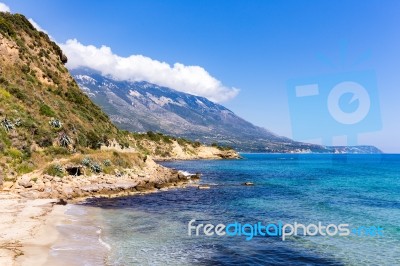 Mountains At Coast  With Blue Sea In Kefalonia Greece Stock Photo