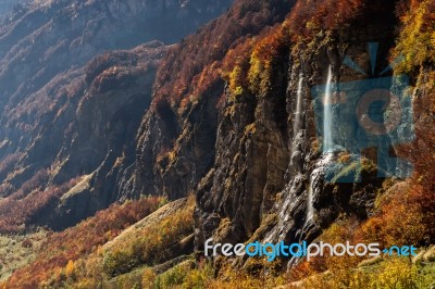 Mountains View With Waterfalls And Cliffs Stock Photo