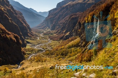 Mountains View With Waterfalls And Cliffs Stock Photo